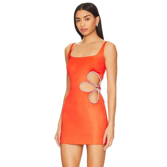 SAU LEE Betty Mini Dress in California Orange Satin Flower Cutout 0 XS - Picture 2 of 9